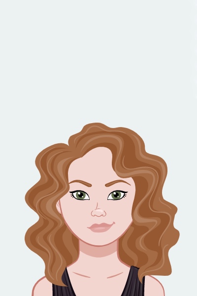 Illustration of a woman with curly brown hair and green eyes.