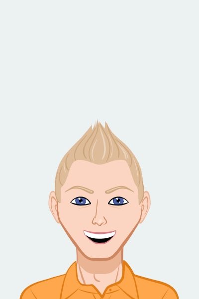 Illustration of a smiling man with blonde spiky hair and blue eyes.